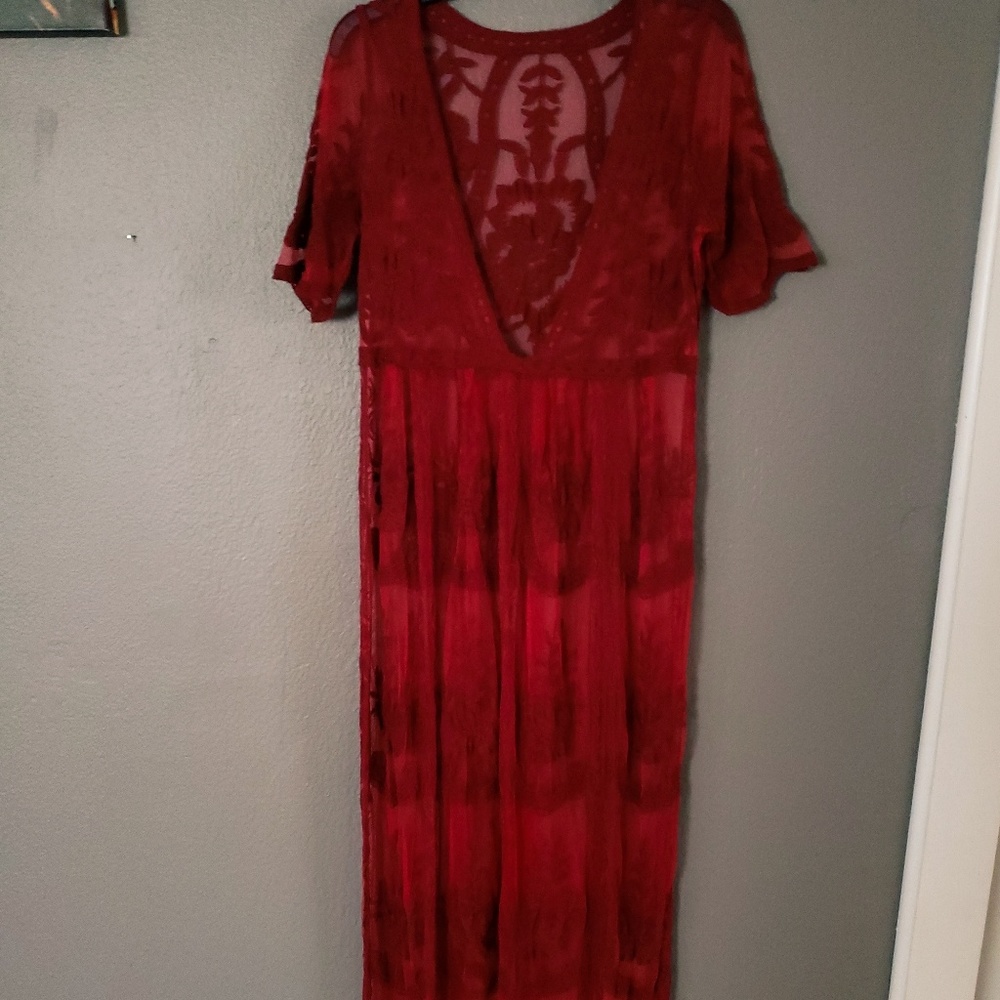 RED sheer-embroidered lace maxi dress